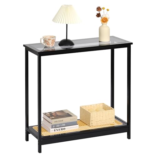 Bamboo Narrow Console Table, 31.5"(L) Wood Small Entryway Table with Rattan and Glass, Accent Slim Hallway Tables, Thin Sofa Side Tables for Hallway, Living Room, Bedroom, Foyer, Black - color: Black 31.5"(l)