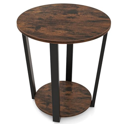 Giantex Round End Table, 2-Tier Side Sofa Table with Open Storage Shelf and Metal Frame, Industrial Nightstand Bedside Table for Living Room, Bedroom, Small Space, Accent Furniture, Rustic Brown - color: Rustic Brown