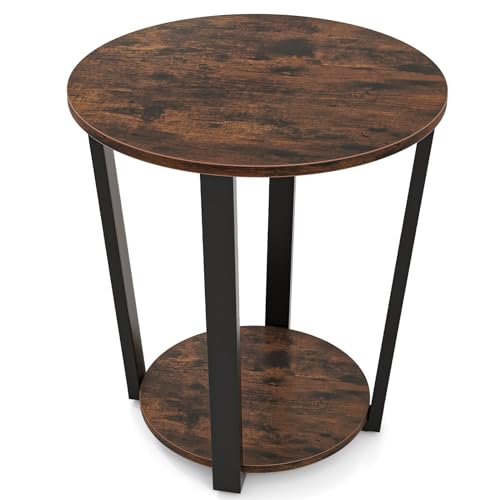 Giantex Round End Table, 2-Tier Side Sofa Table with Open Storage Shelf and Metal Frame, Industrial Nightstand Bedside Table for Living Room, Bedroom, Small Space, Accent Furniture, Rustic Brown - color: Rustic Brown