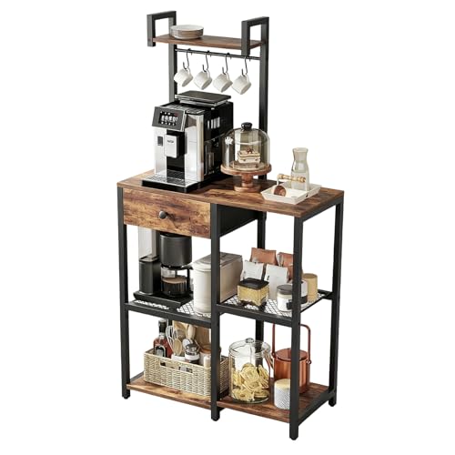 Kitchen Bakers Rack with Drawer,6 Tier Microwave Stand with Hooks | Adjustable Coffee Bar Station,Free Standing Bakers Rack with Storage,Kitchen Appliance Storage Shelf for Spices,Pots