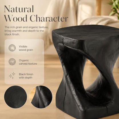 Twisted Solid Wood Accent Table, Hand-Carved Sculptural End Table, 12x12x16 inch Rustic Wooden Stool, Modern Geometric Side Table for Living Room Bedroom, Natural Wood Nightstand Plant Stand - color: Style A-black