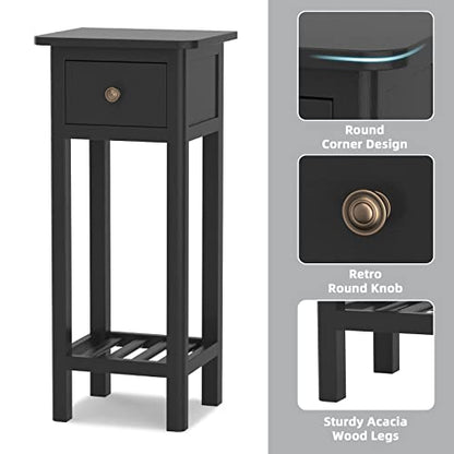 Giantex Tall End Table, Narrow Side Table with Drawer and Shelf, Acacia Wood Nightstand for Living Room, 2-Tier Bedside Table for Small Space, No Assembly, Black - color: Black