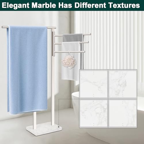 Standing Towel Rack, 304 Stainless Steel Towel Holder Stand with Weighted Marble Base, Floor Bath Towel Racks for Bathroom, Pool, Outdoor with 3 Swivel Towel Arms, Brushed Nickel