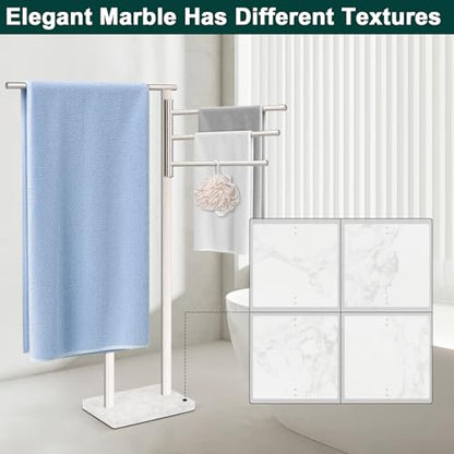 Standing Towel Rack, 304 Stainless Steel Towel Holder Stand with Weighted Marble Base, Floor Bath Towel Racks for Bathroom, Pool, Outdoor with 3 Swivel Towel Arms, Brushed Nickel
