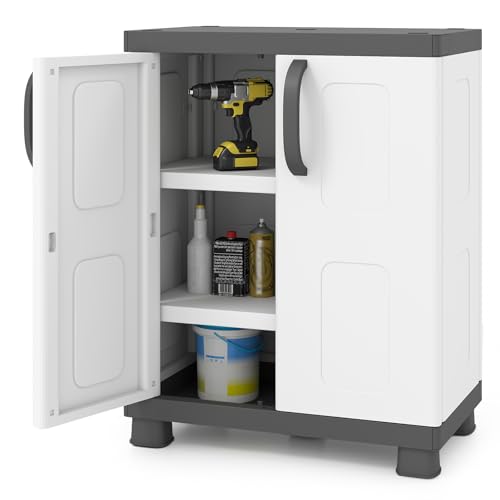 Giantex Storage Cabinet with 2 Doors and Adjustable Shelves, Modern Plastic Base Garage Organizer, Floor Sideboard for Kitchen, Dining Room, Bathroom (Wide-29"x19"x37",White+Grey) - color: White+grey, size: Wide-29"x19"x37"