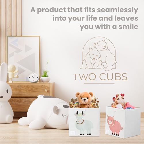 Two Cubs Foldable Kids Toy Storage Box - 13"x13" Cube Organizer Bin with Durable 2.6mm Plastic Plate Boards, Pig Design in White - Collapsible Nursery & Playroom Storage, Fits IKEA Kallax Shelves - color: Pig