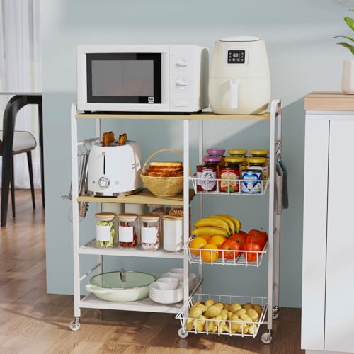 HapiRm Rolling Kitchen Microwave Cart - 4 Tier Microwave Table Stand with Pull-Out Baskets, Coffee Bar Baker's Rack with Wheels Rolling Storage Cart Organizer Shelf for Living Room Office, Balcony - color: White
