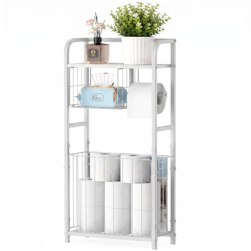 Freestanding Toilet Paper Holder Stand with Storage forSmall Bathroom Space | Holds 9 Spare Rolls, Phone, Wipes & Magazines –Large Capacity Toilet Paper Stand – Toilet Roll Dispenser and Organizer - color: White