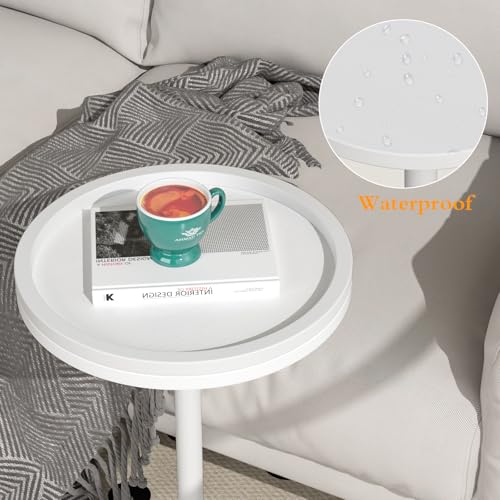 Small Side Table, Drink Table, Height Adjustable Round End Table, Pedestal Side Table for Small Spaces in Living Room, Bedroom, White - color: White