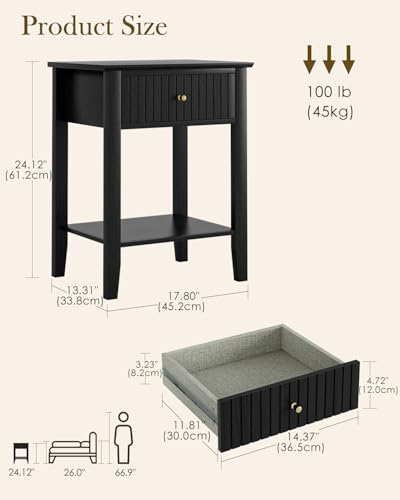 Fluted Nightstand, Farmhouse Night Stand with 1 Drawers, Mid Century Modern Side Accent Table,Bedside End Table for Bedroom, Living Room, Black - color: Black, size: 1 Drawer