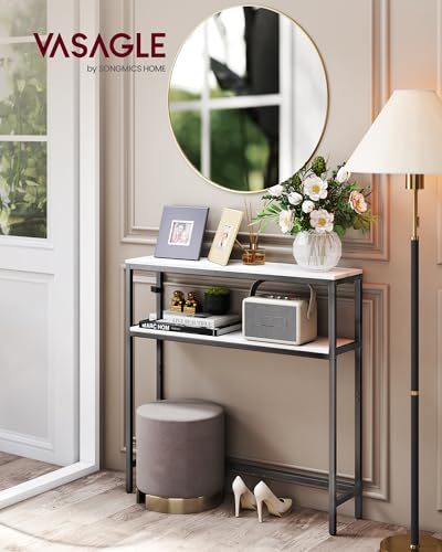VASAGLE Console Table, 2-Tier Narrow Sofa Table with 2 Shelves, 7.9 x 31.5 x 31.5 Inches, for Living Room, Hallway, Entryway, Marble White and Ink Black ULNT130W59V1 - color: Marble White + Ink Black, size: 31.5"W - Without Power Outlet