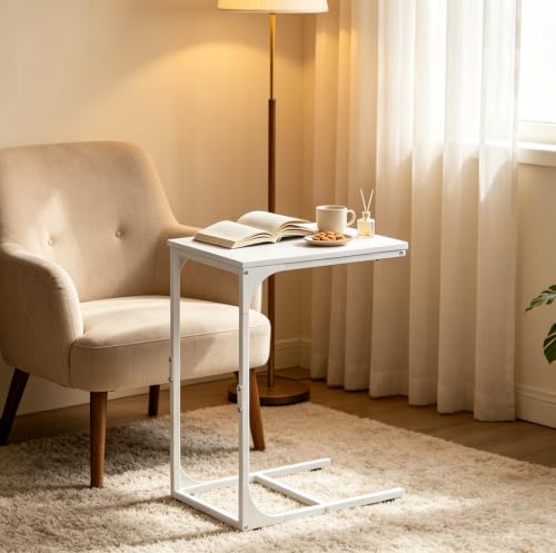 WLIVE C Shaped End Table, Small Couch Side Tables with Metal Frame, Sofa Table TV Tray for Living Room, Bedroom, White - color: White