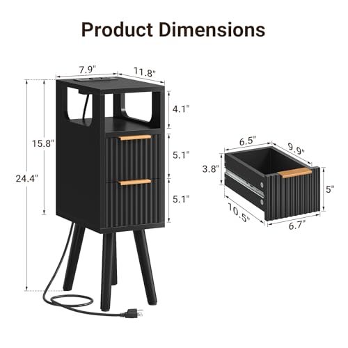 Narrow Side Table with Charging Station, Skinny Fluted Nightstand, Black | 7.9" Wide, 24.4" H, 2 Drawers, Solid Wood Feet, Open Shelf, Slim End Table for Small Spaces, Bedroom - color: Black-1 Pcs