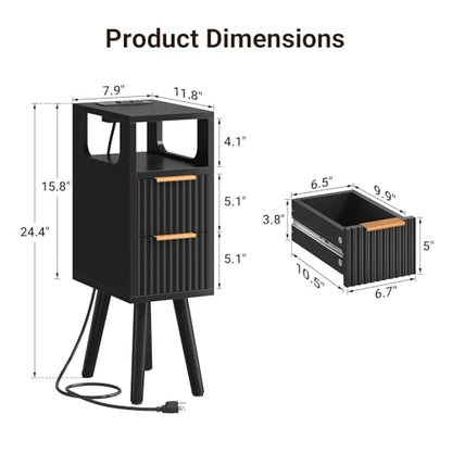 Narrow Side Table with Charging Station, Skinny Fluted Nightstand, Black | 7.9" Wide, 24.4" H, 2 Drawers, Solid Wood Feet, Open Shelf, Slim End Table for Small Spaces, Bedroom - color: Black-1 Pcs