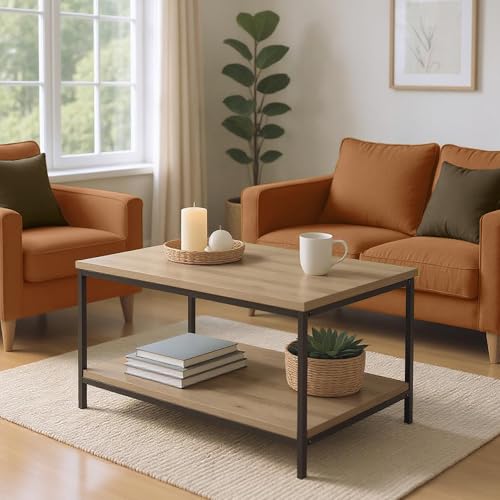 Amazon Basics Rectangular Coffee Table with Bottom Shelf, Living Room Center Table, Wooden, 19.9" D x 31.5" W x 16.5" H - color: Oak, style: coffee table