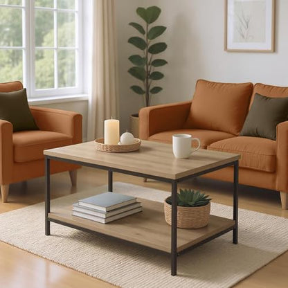 Amazon Basics Rectangular Coffee Table with Bottom Shelf, Living Room Center Table, Wooden, 19.9" D x 31.5" W x 16.5" H - color: Oak, style: coffee table