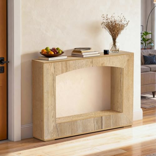 Sonharlar 46 Inch Entryway Table U-Shaped, Wooden Console Table with Socket Farmhouse Sofa Table for Entrance, Hallway, Living Room,Behind Couch((Natural Brown) - color: Natural Brown, size: 46IN U
