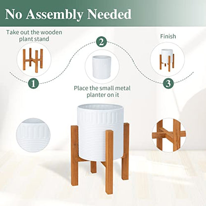 2-Piece White Metal Planter Set with Wood Stand, Indoor Mid Century Modern Planters with Drainage, 8" & 10"