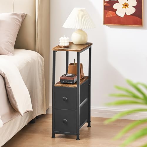 DALEMHOME End Table, Narrow Side Table with 2 Fabric Drawers, Slim Nightstand, Small Bedside Table with Storage, Living Room, Bedroom, Rustic Brown HKET1200BR - color: Rustic Brown, size: 7.9" W x 15.7" D, style: No Power