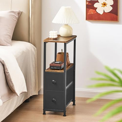 DALEMHOME End Table, Narrow Side Table with 2 Fabric Drawers, Slim Nightstand, Small Bedside Table with Storage, Living Room, Bedroom, Rustic Brown HKET1200BR - color: Rustic Brown, size: 7.9" W x 15.7" D, style: No Power