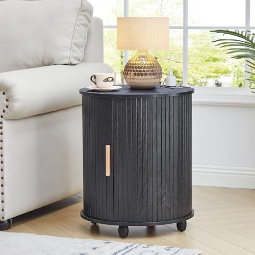 18" Round End Table, Modern Wood End Side Table with Charging Station - 2 AC + USB + Type-C, Fluted Nightstand with Sliding Door for Living Room, Bedroom (18 Inch, Black) - color: Black, size: 18"-Round