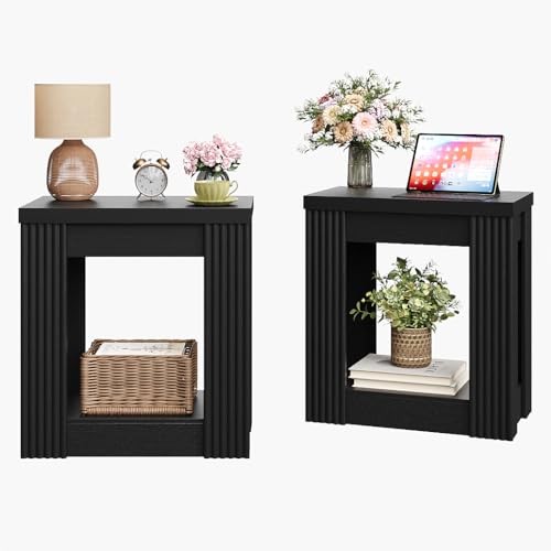 Maupvit Narrow Wood End Table for Living Room, 2-Tier Small Slim Side Table with Storage Shelf, Modern Fluted Nightstand for Bedside, Small Spaces, Living Room, Bedroom, Black, Set of 2 - color: Black