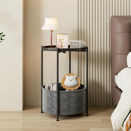 Small Round Side Table with Felt Storage Basket and Removable Tray | Accent Table, Metal End Table with Adjustable Feet, Side Table for Nursery, Bedroom, Living Room, Laundry Room, Black - color: Black