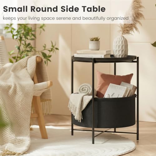 danpinera Black Small Round Side Table with Storage Basket, Removable Tray | Metal Bedside Table for Small Space, Living Room, Nursery, Metal Accent Stand with Removable Tray, Coffee Nightstand, Black - color: Ink Black