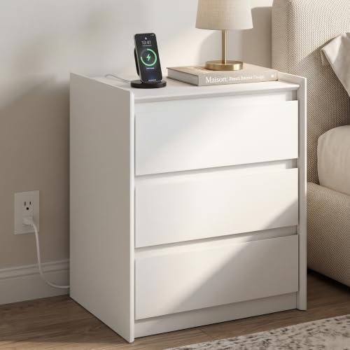 White Nightstand with Charging Station, 24" H, 3-Drawer Storage | USB-C, USB-A and 2 AC outlets support lamps and phones; raised-edge top helps bright bedrooms stay neat, open and calm daily. - color: White, size: 1-Pack, style: 3 Drawers