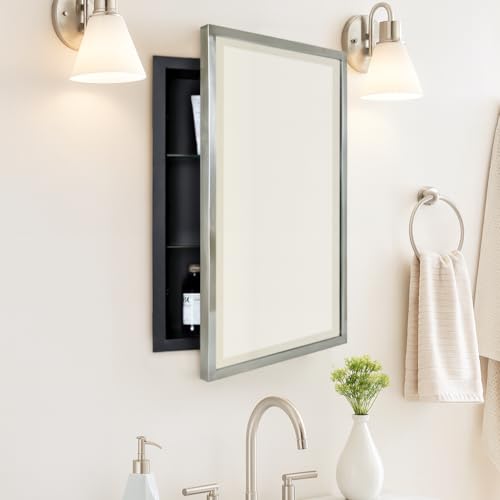 TEHOME Brush Nickel Metal Framed Recessed Bathroom Medicine Cabinet with Mirror Rectangle Tilting Beveled Vanity Mirrors for Wall 16 x 24 inches - color: Brush Nickel, size: 16x24''