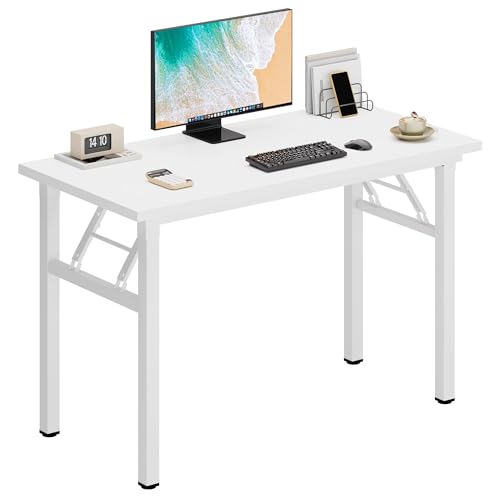 DlandHome 39.4 Inch Small Folding Computer Desk for Home Office, White | Foldable Writing Table for Small Spaces Bedroom, No Assembly Required, Wood Top Metal Frame, Collapsible Compact Easy Storage - color: White + White, size: 39 Inches