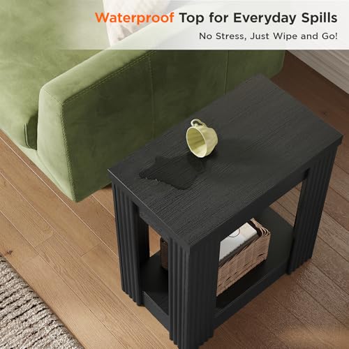 Maupvit Narrow Wood End Table for Living Room, 2-Tier Small Slim Side Table with Storage Shelf, Modern Fluted Nightstand for Bedside, Small Spaces, Living Room, Bedroom, Black, Set of 2 - color: Black
