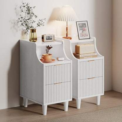 Narrow Nightstand Set of 2,11.8" Fluted Bedside Table Set of 2, Slim Side End Table with 2 Drawers, Wooden Bedside Table, White Wood Night Stand for Bedroom Livingroom Sofa Office - color: White,11.8" With 2 Drawers