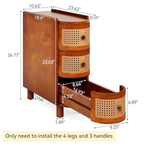 LITTLE TREE Solid Wood End Table, Rattan Narrow Side Table with 3 Drawers | Nightstand Bedside Tables for Living Room, Bedroom, Office, Bathroom, Brown - color: Brown