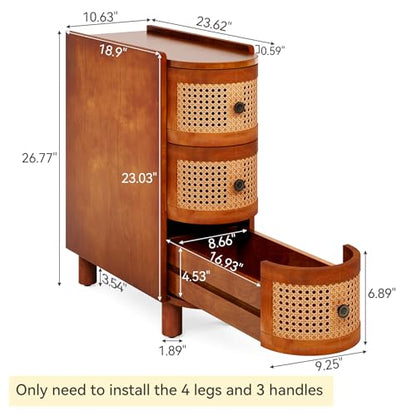 LITTLE TREE Solid Wood End Table, Rattan Narrow Side Table with 3 Drawers | Nightstand Bedside Tables for Living Room, Bedroom, Office, Bathroom, Brown - color: Brown