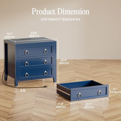 Huuger Paint Night Stand with Charger Station, 3 Drawer Nightstand Set of 2 | Larger Wider Bedside Table with USB-C Port, Modern End Table, for Bedroom, Living Room, Blue Nightstand - color: Blue