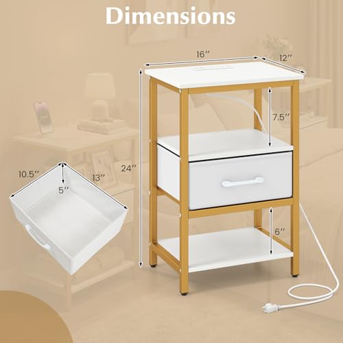 KOMFOTT Nightstand with Charging Station, Bedside Table with Fabric Drawer & Open Storage Shelves, End Table with Metal Frame, Modern Side Table for Bedroom, Small Space, Golden & White (1)