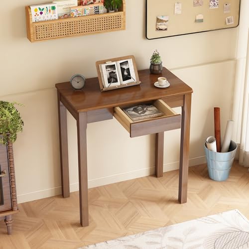 Solid Wooden Desk with Drawers - 28 x 16 Inch Narrow Desks for Small Spaces, Rubberwood Simple Study Table, Small Writing Desk for Bedroom - Natural Boho Desks - color: Walnut, size: 27.6 in W x 15.7 in D
