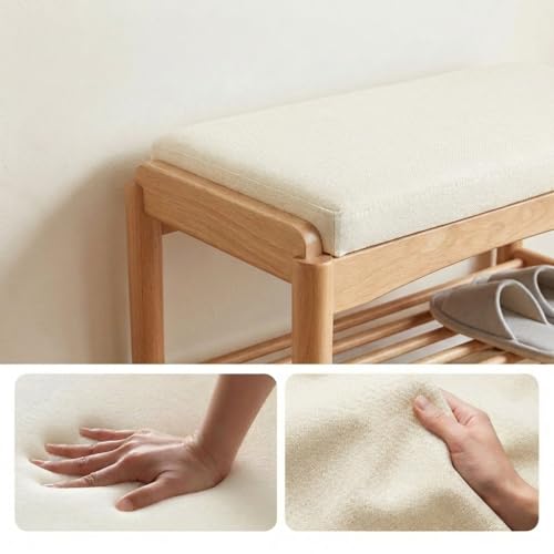 Oak Wood Shoe Bench, 24 Inch Entryway Bench with Light Gray Cushion | Natural oak finish with visible grain and light gray cushion creates a Scandinavian-inspired entryway seat. - color: Natural + Light Gray Cushion, size: 23.62"