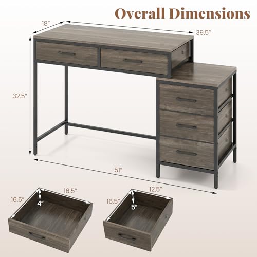 Tangkula Reversible Computer Desk with 5 Drawers, 51-Inch Home Office Desk with Drawers & Printer Stand, Industrial Writing Study Desk, Laptop PC Desk Workstation for Bedroom, Small Spaces (Grey) - color: Grey