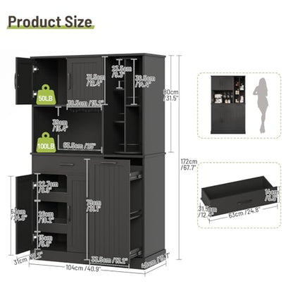 Pantry Cabinet, 67.7" Tall Kitchen Pantry Storage Cabinet with 360° Rotating Shelf & 2 Pull-Out Racks, Freestanding Kitchen Hutch with Charging Station & Drawer, for Dining Room, Black