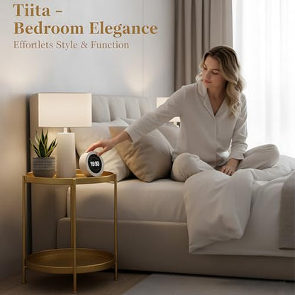 Tiita 2 Pack Round End Table Mental Side Table Nightstand/Small Wood Tables Accent Coffee Table with Wooden Tray for Living Room Bedroom Office Small Space - color: Gold