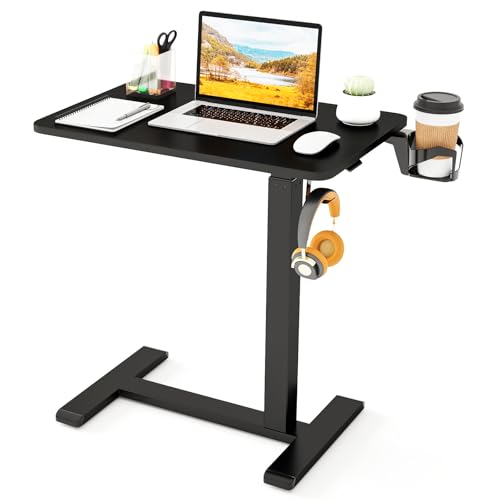 Tangkula Mobile Standing Desk, Pneumatic Height Adjustable Rolling Desk with Cup Holder & Headphone Hook, Overbed Table with Hidden Wheels, Laptop Computer Cart for Couch, Home, Office (Black) - color: Black