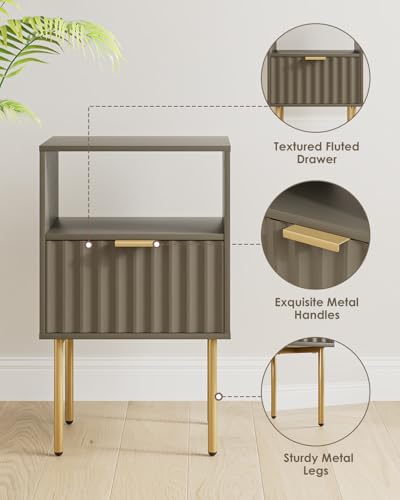 Nightstand,Modern Bedside Table with Gold Frame,Grey Night Stand,Bedside Furniture, Modern Side Table with Drawer and Shelf for Bedroom,Living Room (Grey) - color: Grey
