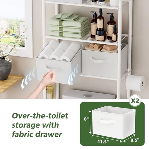 Simple Trending Over The Toilet Storage Rack with Drawers, Metal 3 Tier Bathroom Organizer Shelf with Paper Holder and 3 Hooks, White - color: White With Drawers