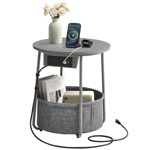 VASAGLE LILEA Collection - Side Table with Charging Station, Round End Table with Fabric Basket, Nightstand with USB Ports, for Living Room, Bedroom, Modern, Dove Gray and Slate Gray ULET228G01 - color: Dove Gray + Slate Gray, size: Without LED light