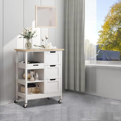 YITAHOME Small Solid Wood Top Kitchen Island Cart on Wheels with Storage, Rolling Portable Dining Room Serving Utility Carts Mobile Movable with 3 Drawers Cabinet, Oak & White - style: 26.7"W White