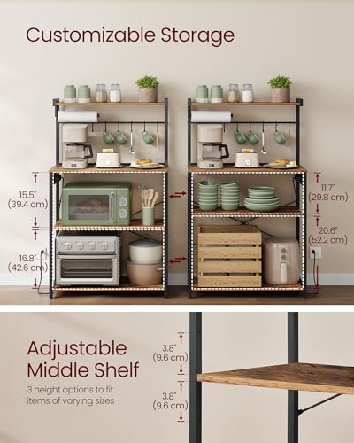 VASAGLE BARNET Collection - Kitchen Bakers Rack with Power Outlet, 31.5-Inch Wide Coffee Bar 4-Tier with 8 S Hooks, Modern Microwave Stand, Adjustable Shelf, Rustic Brown and Ink Black UKKS029KD01 - color: Rustic Brown + Ink Black, size: 31.5"W