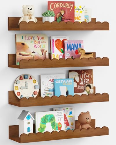 Harwaya Walnut Nursery Book Shelves Wall Set of 4, Dark Wood Scalloped Floating Bookshelf for Wall, Cloud Wooden Hanging Shelving Unit for Kids Bedroom Baby Child Toddler Room Kitchen (Walnut Brown) - color: Walnut