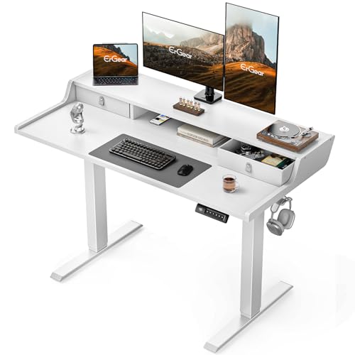 ErGear Electric Standing Desk with Drawers, 48″ x 24″ Gaming Table Compatible Monitor Stand, Stand up Desks, Home Office Height-Adjustable Desk with Storage Shelf, 4 Preset Heights, White - color: White, size: 48" X 24"